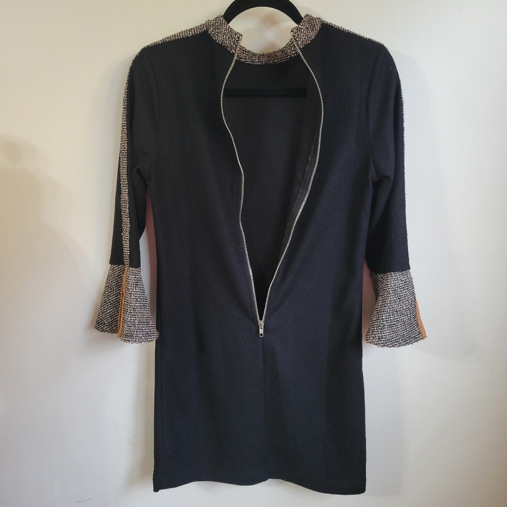 Anthropologie THML Black Shift Bell Sleeve Tweed Mock Neck Dress Size Small - Picture 5 of 7